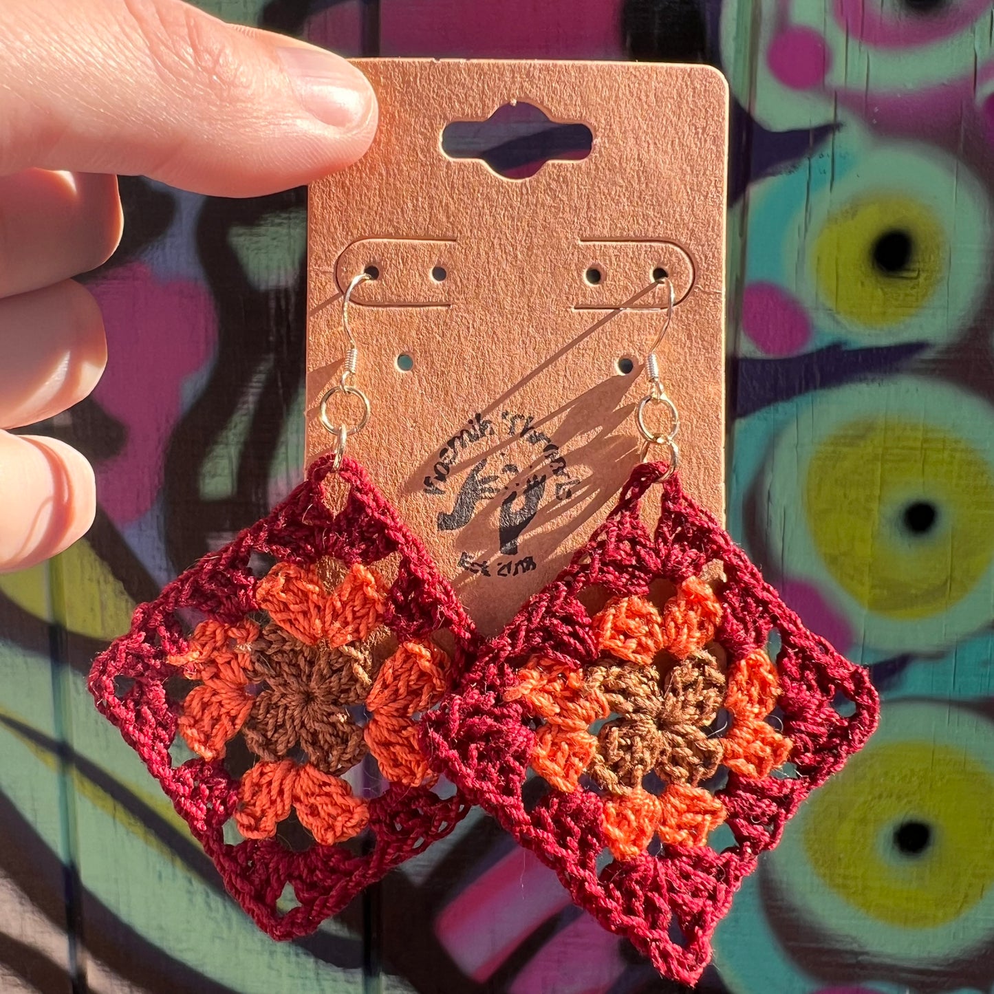 Granny Square Earrings - Red/Orange