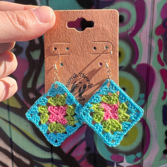 Granny Square Earrings - Blue/Green/Pink